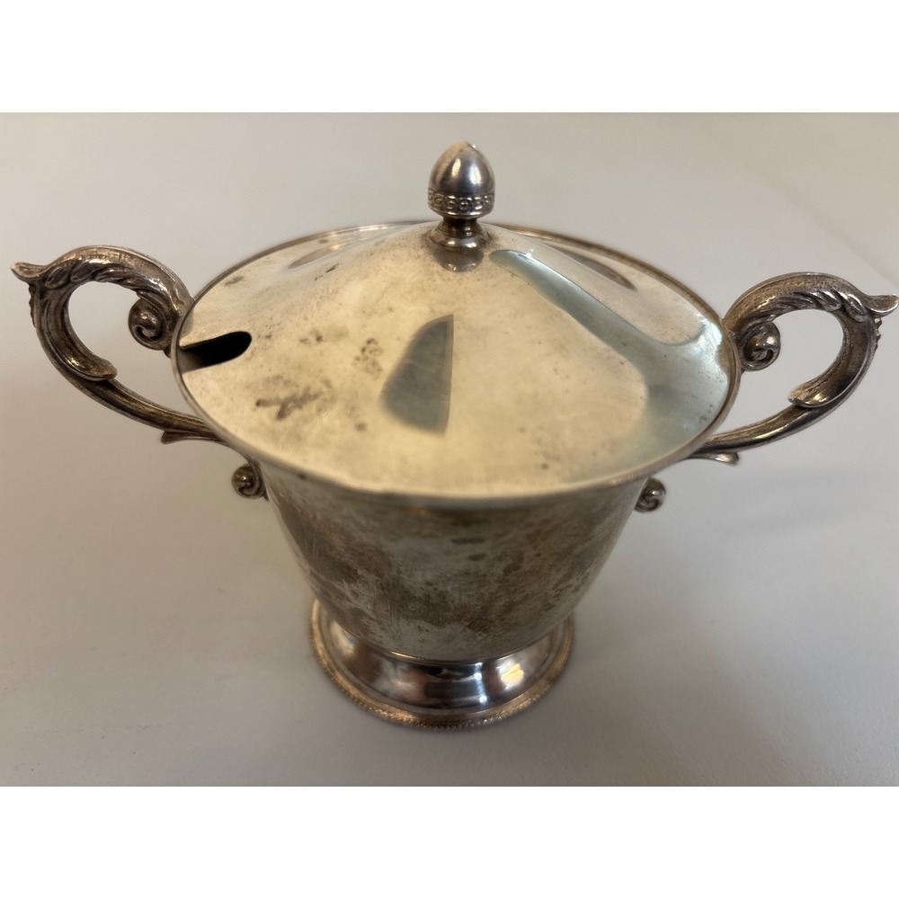 Vintage Silver Plated Sugar Bowl with Lid Ornate Scroll Handles Footed Base